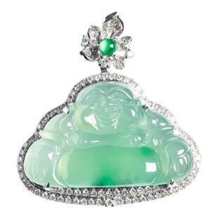 缅甸天然翡翠A货冰种阳绿弥勒佛镶嵌吊坠18K冰绿女款佛公挂件老坑