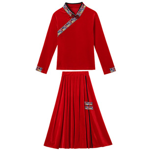 民族风金丝绒长袖广场舞春季表演出服套装女团队服长裙子舞蹈服装