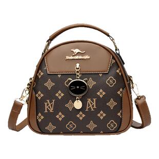 专柜正品真皮女包包2026新款高级感手提小圆包印花中年妈妈斜挎包