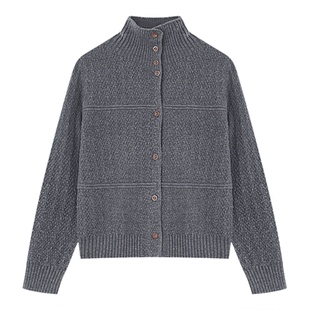 百家好韩系翻领/半高领两穿针织开衫女慵懒风毛衣外套高级灰上衣