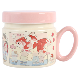 蓝莲花羡鸟文社陶瓷杯子带盖马克杯带把手高颜值泡茶杯家用喝水杯