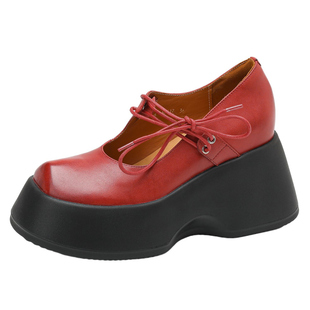 10cm真皮红色厚底内增高浅口单鞋女春夏款透气方头坡跟玛丽珍鞋子