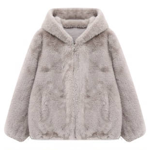 Basic House/百家好冬季新款仿水貂绒连帽宽松加厚保暖毛毛外套女