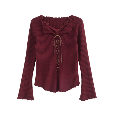 AZure复古红蕾丝绑带针织毛衣