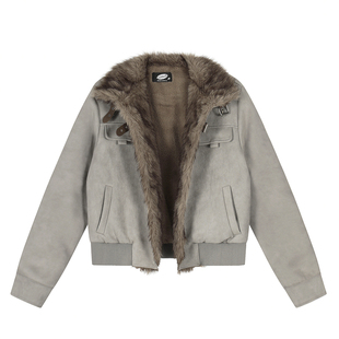 HTTAOSUP麂皮加绒立领座山雕夹克外套女美式复古机车服棉衣冬季