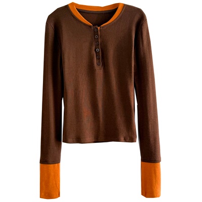 撞色假两件长袖T恤女打底衫上衣