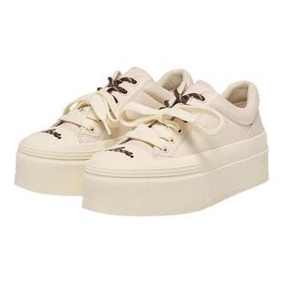 VWL春季新款羊皮厚底板鞋女双色鞋带简约厚底时尚增高休闲鞋