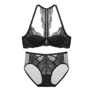伊丝艾拉美背内衣女2026新款爆款黑色性感蕾丝前扣聚拢文胸套装