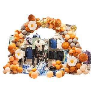 开业气氛布置橙色气球拱门店铺门口装饰花篮周年庆活动场景布置