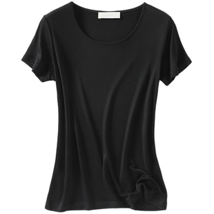 新款高档桑蚕丝纯色圆领真丝基础百搭短袖T恤修身上衣打底衫夏季