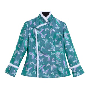 蓝蝶香三重门秋冬新款水貂毛宋锦夹棉40姆米保暖外套中式国风盘扣