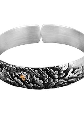 庄蝶晓梦足银999纯银手镯女金银错纯手工錾刻非遗传统牡丹银手镯