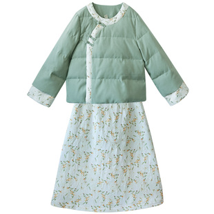 8折【苍葭白露】复古国风撞色印花羽绒服精致提花半裙套装女冬季