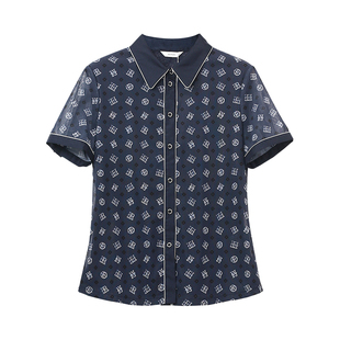HONRN/红人休闲蓝色短袖设计感印花修身衬衫上衣女夏款HH22OZ265