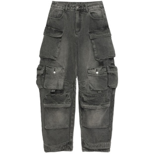 IMXS【明星同款】多口袋炒盐牛仔裤工装重工水洗破洞裤子