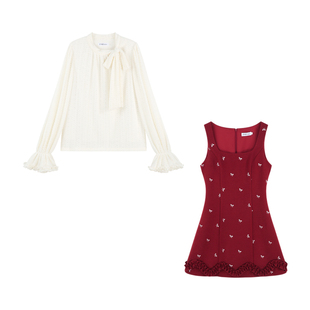 Palglg甜美风红色背心连衣裙女冬季新款高级感新年战袍千金套装裙