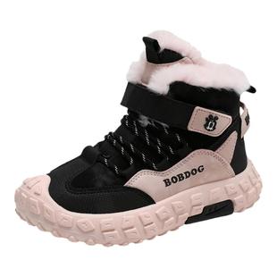 巴布豆女童棉鞋冬季加绒加厚保暖大棉中大童高帮防水儿童运动鞋