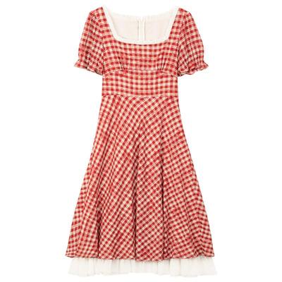 KEIKO法式红色格子拼接连衣裙