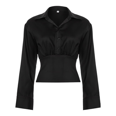 美式复古黑色排扣POLO领长袖衬衫