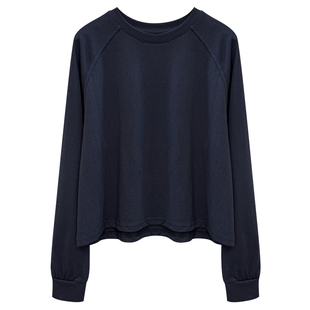 高级插肩袖卫衣款女T恤纯色休闲简约韩系圆领短款束口袖长袖上衣