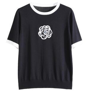 [专柜同款]Yifini/易菲山茶花短款毛衫女夏装新款套头针织衫上衣