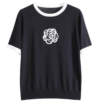 易菲山茶花短款短袖针织衫