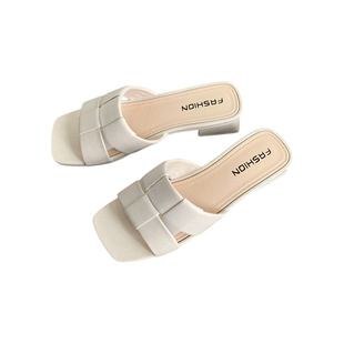 女夏季外穿方头粗跟拖鞋露趾半拖新款中跟一字拖时尚休闲百搭凉拖