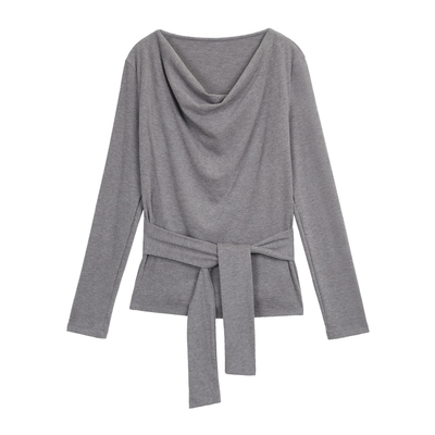 pusumede 文艺质感 荡领长袖针织衫女设计感不规则绑带宽松上衣