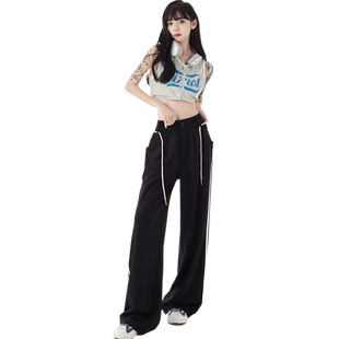 KRO高腰运动休闲裤女2023新款韩潮显瘦时尚条纹宽松黑色阔腿长裤