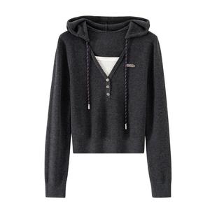 【钟丽丽同款】BANANA CICI2025年秋季新款假两件连帽针织衫上衣