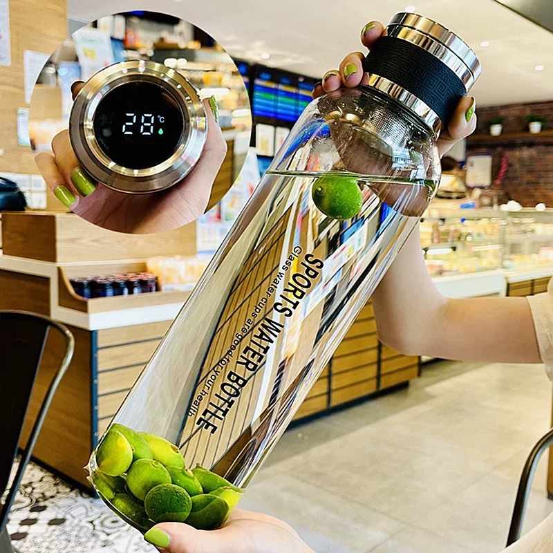 玻璃水杯大容量1000ml水壶便携茶杯男士茶水分离泡茶杯子瓶显温