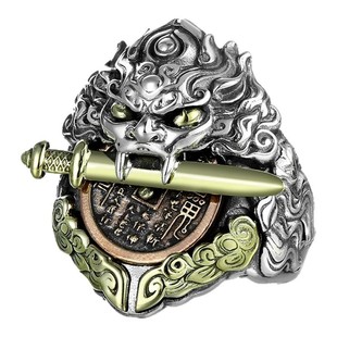 重工s925银狮子戒指纯银男士霸气复古山鬼花钱转动开口食指国风