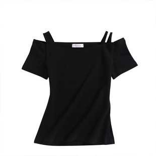 2024春季新款韩版紧身黑色打底衫漏肩t恤女短袖V领显瘦一字领上衣