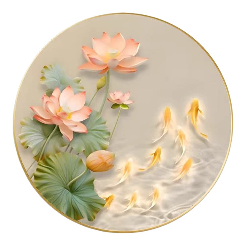 九鱼聚财入户玄关圆形装饰画新中式荷花挂画书房卧室走廊过道壁画