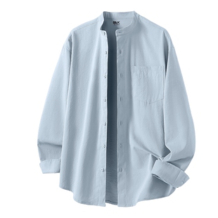 班尼路S&K纯色长袖衬衫男款春季男士复古亨利领上衣宽松砂洗衬衣A