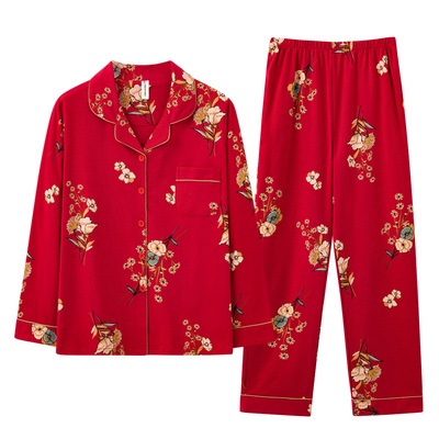 女士睡衣春秋款纯棉长袖大红色