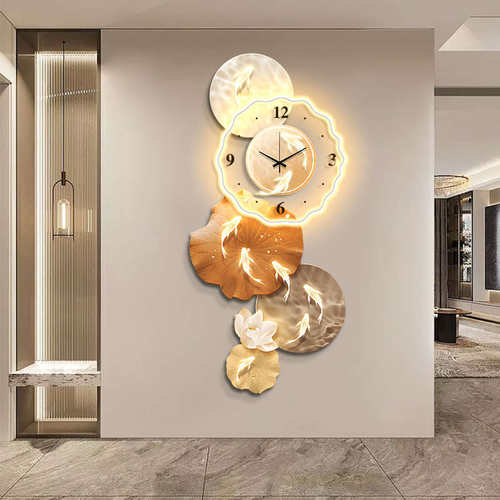 九鱼图玄关装饰画带挂钟表高级感客厅走廊过道挂画创意发光灯壁画