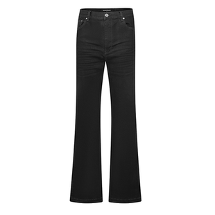 SUNINWAVE 春秋新款修身弹力纯黑质感褶皱猫须微喇中高腰牛仔长裤