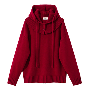 一起过圣诞「毛衣+帽子」100%澳毛连帽毛衣套头针织羊毛衫打底女