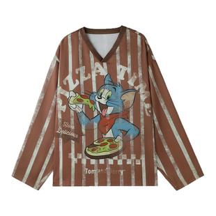 【猫和老鼠联名】BJHG不计后果V领长袖t恤女春季潮牌复古运动球衣