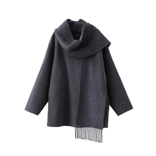 popchrio◆流苏围巾领高支羊毛双面呢大衣小个子短款毛呢外套女冬