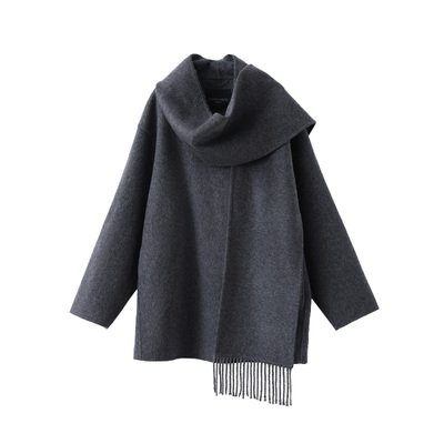 popchrio连领流苏围巾毛呢大衣