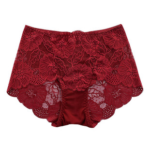 4条装 性感内裤女中腰蕾丝透明诱惑收腹提臀无痕大码女士三角短裤