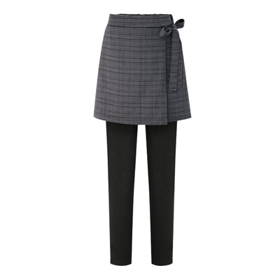 假两件格子胖mm保暖裤加绒加厚