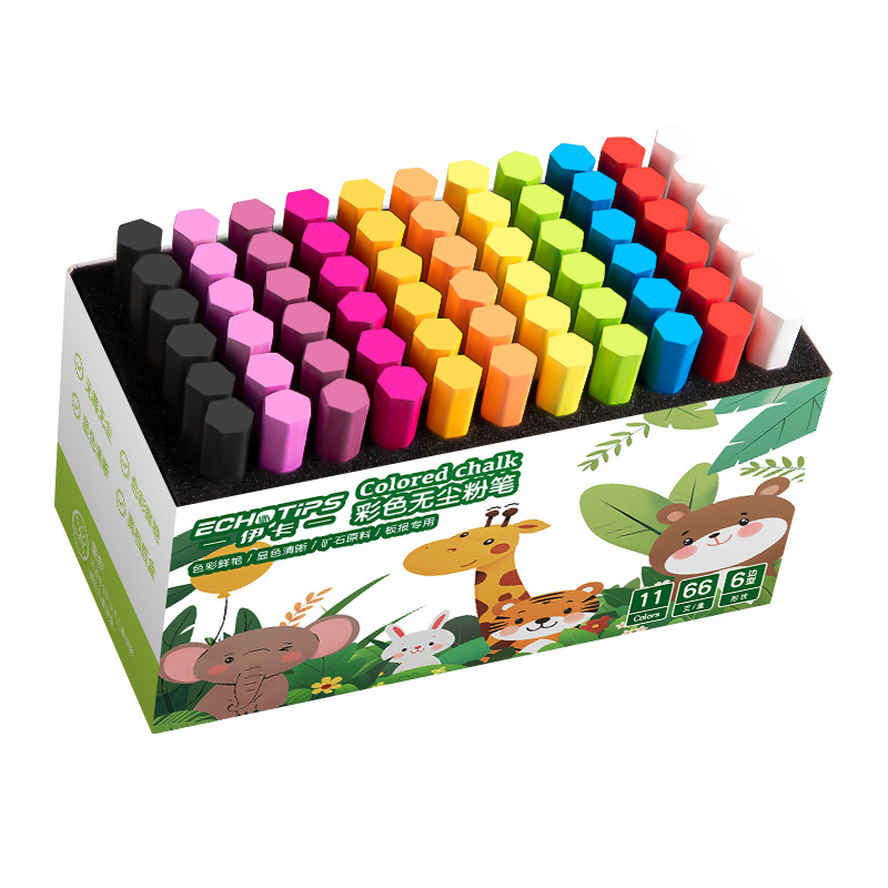 儿童家用粉笔黑板报用伊卡微尘不脏手幼儿园彩色老师专用白六角可擦写无尘鲜艳12色24色白色