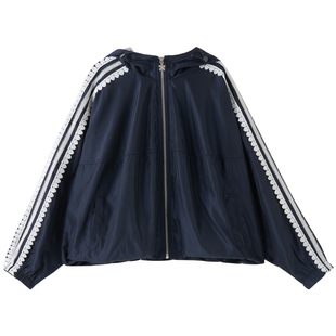 女大童藏青蕾丝连帽外套2026春装新款少女韩版短开衫学生甜美上衣