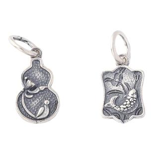 s925银复古哑光做旧中国风荷花小吊坠锦鲤银牌diy串珠编绳银配件