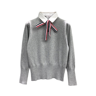 TB红白蓝蝴蝶结假两件衬衫领针织衫女秋冬季加厚慵懒高级感毛衣潮