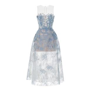 轻奢小众蕾丝连衣裙越南设计师气质立体花朵亮片透视重工抹胸礼服