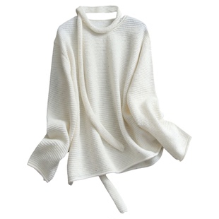 飘带荡领淑女亮片圆领宽松套头毛衣2026春季新款长袖女针织衫W229